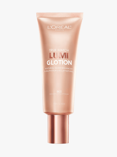 L’Oréal Paris Lumi Glotion Natural Glow Bronzing Enhancer in branded tube component on a light gray background